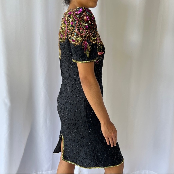 Vintage 80s Lawrence Kazar Embellished multicolor Sequin Cocktail Dress size PL - Picture 7 of 17